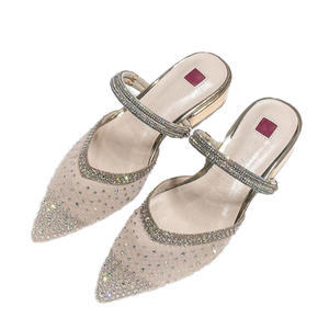 <strong>Champagne</strong> Luxury Block <strong>Heels</strong> Women's Mesh Pumps Size 31-43 3CM Low Pointy Toe Slip-On Anti-Slippery Disposable EVA Summer - Product Image 1