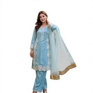 Venta al por mayor de conjuntos de salwar paquistaníes multicolor con bordados elaborados, organza, encaje, algodón, seda, de secado rápido, estilo Bollywood Kurti y Palazzo. - Product Image 1