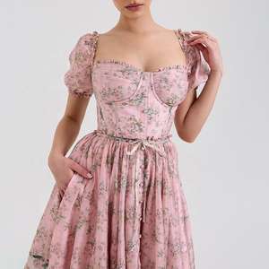 Robe midi d'été décontractée pour femme, couleur rose, imprimé floral, taille à lacets, manches courtes, fermeture éclair au dos, avec doublure - Product Image 4