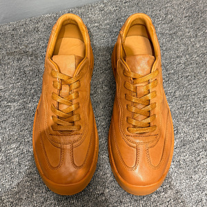 Baskets plateforme rétro en cuir véritable marron à talon bas pour hommes, chaussures décontractées à lacets couleur unie avec semelle épaisse adhésive - Product Image 2
