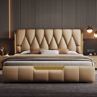 Cadre de lit moderne en cuir, disponible en tailles Queen ou King, avec veilleuse à détection de mouvement, pour un mobilier de chambre élégant