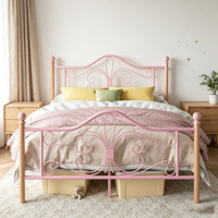 Lit en métal rose style princesse avec tête de lit et pied de lit à motifs papillon, lit en métal taille complète, meubles de chambre d'enfant