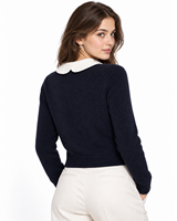 Maßgeschneiderte Damen-Strickjacke mit Peter-Pan-Kragen, Strass- und Perlenverzierung, Knopfleiste vorne, Marineblau, Langarm, ODM-Service