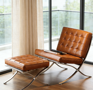 Sillón <span class=keywords><strong>Lounge</strong></span> <span class=keywords><strong>Barcelona</strong></span> de Diseño de Lujo, Tapicería de Cuero Premium, Patrón Acolchado con Botones, Respaldo Ergonómico, Sillón Decorativo - Product Image 3