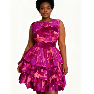 Nouvelles robes plissées courtes à trois couches superposées pour femmes, sans manches, col rond, taille ajustée, tendance - Product Image 1