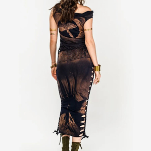 Robe de soirée mi-longue moulante pour <span class=keywords><strong>femme</strong></span>, style vintage égyptien, asymétrique à une épaule, en maille tissée avec imprimé numérique, à lacets latéraux, motif <span class=keywords><strong>aigle</strong></span> – Grande Vente - Product Image 3