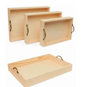 Wooden Serving <b>Tray</b> Set With Metal Handles Pine Wood Three Piece For Tea Or <b>Dinner</b> Use - Product Image 1