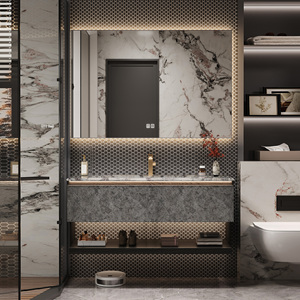 Meuble-lavabo moderne italien <span class=keywords><strong>de</strong></span> luxe léger à évier simple/double, en <span class=keywords><strong>bois</strong></span> massif, <span class=keywords><strong>avec</strong></span> armoire miroir intelligente et vasque en céramique, pour usage hôtelier - Product Image 2