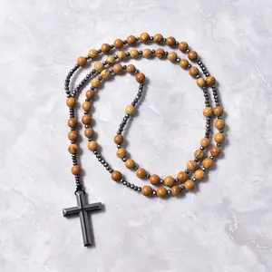 Natuurlijke Hout Steen Kralen Katholieke Christus Rozenkrans Kettingen Voor Vrouwen Mannen Hematiet Kruis Hanger Ketting Meditatie Mala