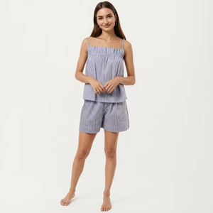 Ensemble pyjama rayé pour <span class=keywords><strong>femme</strong></span>, débardeur bandeau sans bretelles, short taille élastique, léger et respirant en coton - Product Image 1