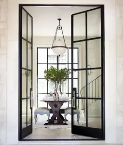 Thermal Break Modern Black Color Glass Aluminum Steel Metal Profile Casement Design Exterior French Door for Home