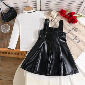 Spring Autumn Simple Fresh Style <strong>White</strong> Top + Black <strong>Leather</strong> Suspender <strong>Skirt</strong> Children's Girls Clothing Sets - Product Image 4