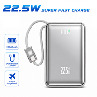 Mini Power Bank 10000mAh PD 20W avec câbles intégrés doubles, chargeur portable avec cordon, écran miroir, pack de charge d'urgence