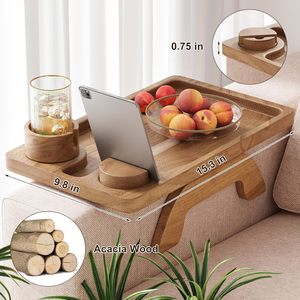 Acacia Wood Couch Arm <strong>Trays</strong>, 15.75in Couch Arm Board, Wooden Couch Armrest <strong>Trays</strong> with 360&deg; <strong>Rotated</strong> Tablet Holder - Product Image 6