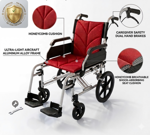 Fauteuil roulant de voyage compact pour personnes âgées et adultes, cadre en alliage d'aluminium, chaise pliante de transport avec freins à main doubles pour les soignants - Product Image 1
