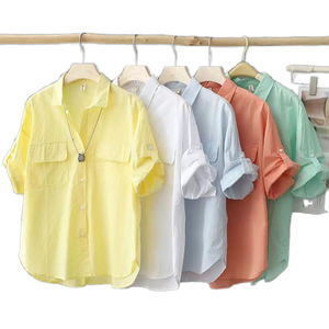 Camicetta Vintage in <span class=keywords><strong>Raso</strong></span> per Donna OEM/ODM, Ampia in Cotone con Colletto, Mezza Manica, Bottoni, Top Casual <span class=keywords><strong>di</strong></span> Tendenza per l'Estate, Campione Gratuito - Product Image 1
