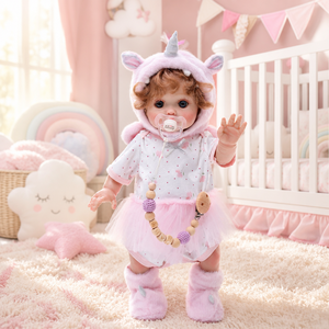 Poupée Reborn de 18 pouces en vinyle intégral, costume <span class=keywords><strong>licorne</strong></span>, tutu rose, haut fleuri, cheveux bouclés, poupée nouveau-né pour jeu d'imitation - Product Image 1