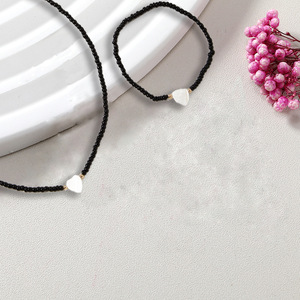 European and American cross-border black seed bead white water pattern mother-of-pearl heart <b>bracelet</b> and necklace <b>set</b>, - Product Image 4
