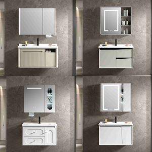 Mueble de Baño Flotante de PVC Gris Oscuro sin Tiradores con Doble Cajón y Espejo Redondo con Retroiluminación LED para Hogar y Hotel - Product Image 4