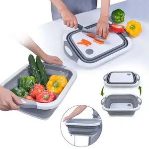 4 In 1 katlanabilir kesme tahtası mutfak katlanabilir süzgeç meyve ve sebze sepeti çok fonksiyonlu plastik kesme tahtası