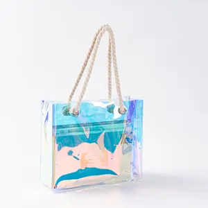 Индивидуальная Лазерная голографическая прозрачная сумка из ПВХ Летняя женская пляжная сумка для покупок с веревкой