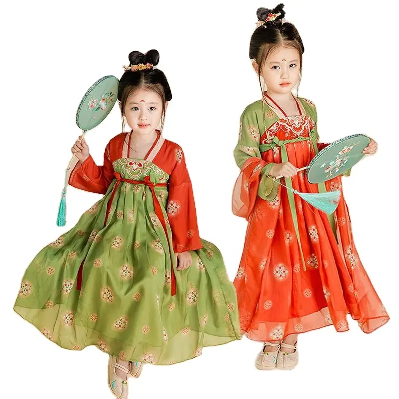 Traditionelles Kleid Hanfu chinesisches Neujahrsfest mit Bändern und Blumendruck für 10-Jährige Kleinkinder Mädchen rot grün vollwertig Kinder