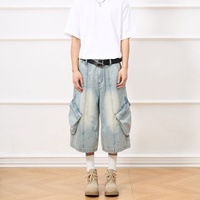 Short trois-quarts en denim uni rétro américain pour hommes Jeans de travail baggy décontractés à jambes larges unisexe lavage moyen pour l'été