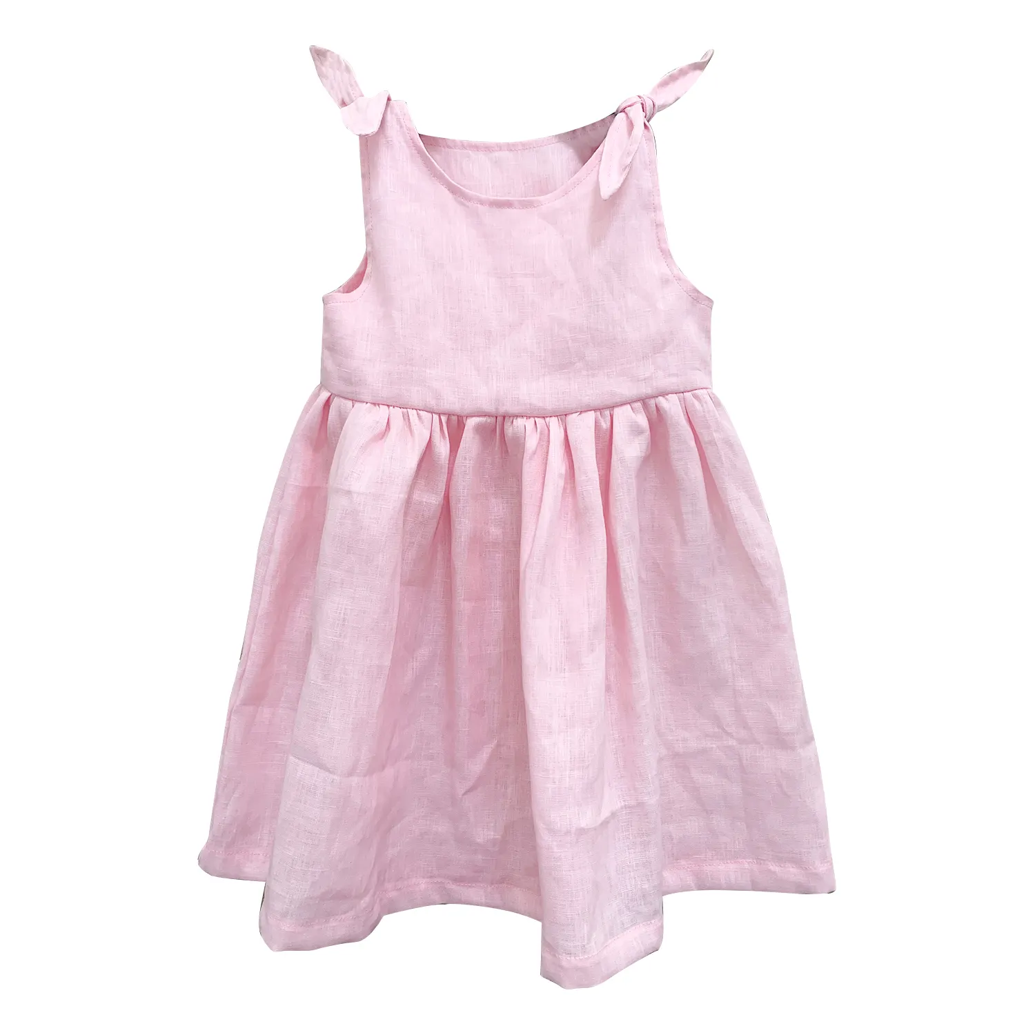 Produk baru gaun gadis balita warna kustom tanpa lengan linen dengan tali untuk musim panas
