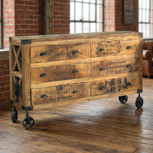 Industrial & Vintage Solid Wood Eco-Friendly Antique Multi Drawers Living Room <b>Cabinet</b> with Wheels - Product Image 3