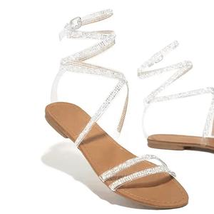 Sandalias planas de verano para mujer con una sola correa, correa de tobillo con diamantes de colores, talla grande, con pedrería. - Product Image 5