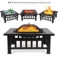 Brasero carré en bois de 34 cm pour jardin, foyer, poêle, brasero, table, barbecue avec grille en maille et support pour patio