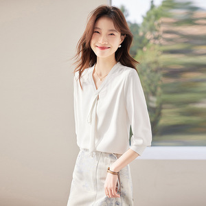 Women's Blue Chiffon Shirt Long Sleeve V-Neck Wrap <b>Tie</b> Work Blouse Solid Color <b>Polyester</b> Fabric - Product Image 2