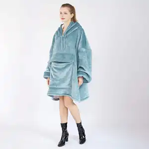 2024 diskon besar selimut dapat dipakai Hoodie flanel Plus Sherpa ukuran besar Super lembut saku raksasa untuk pria wanita dewasa kustom