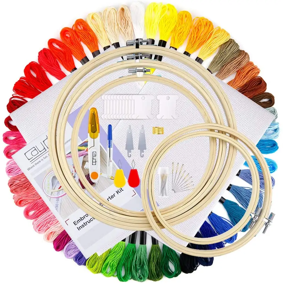 dome Chinese 100 colors embroidery floss 5pcs bamboo hoops aida cloth cross stitch tools embroidery starter kit for adults