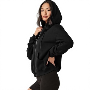 OEM Plain Black <b>Zip</b> <b>Up</b> Hoodie Women Drop Shoulder Front Pocket Hooded Jacket Wholesale - Product Image 1