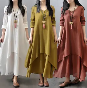 Aliexpress Hot Sale Women Elegant Dress False Two Piece Long Sleeve Long Linen Dress