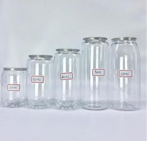 Clear PET empty soda milk beverage soft energy drink plastic can with aluminum easy open lid
