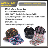 Gorra de 5 Paneles con Estampado Floral y Letras, Estilo Deportivo Vintage, Unisex, con Visera Plana, Cierre a Presión, Ideal para Actividades al Aire Libre, Running y Camping