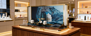 แท่นโชว์ผลิตภัณฑ์บำรุงผิว LA MER แบบอะคริลิกและโลหะสุดหรู พร้อมแผงโฆษณาแบบมีไฟส่องหลัง สำหรับร้านค้าปลีก - Product Image 2