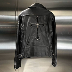 Blouson Moto en Cuir pour <span class=keywords><strong>Homme</strong></span>, Style Streetwear, en <span class=keywords><strong>Peau</strong></span> <span class=keywords><strong>de</strong></span> <span class=keywords><strong>Mouton</strong></span>, Coupe Slim, Design Rivets, Vêtement d'Extérieur Décontracté pour l'Automne, Vente en Gros OEM - Product Image 2