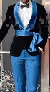 Trajes formales de terciopelo negro ajustados para hombre con cinturón chal solapa traje Homme boda esmoquin <span class=keywords><strong>Terno</strong></span> Masculino Blazeruit - Product Image 6