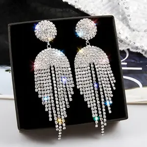 Luxury Rhinestone Crystal Long Tassel Big Earrings for Women Bridal Drop Dangling Earrings Party Wedding Jewelry Gifts