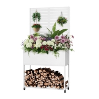 Jardinière multifonctionnelle sur mesure avec étagère de rangement pour bûches, treillis métallique à lattes, roulettes robustes et jardinière surélevée