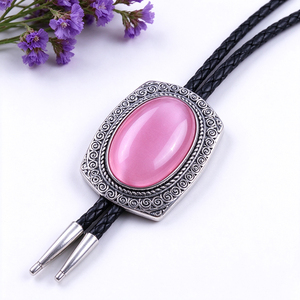 Cravate Bolo Western en Cuir Noir Tressé Rétro avec Pierre Œil de Chat Rose Rectangulaire pour Homme, Bijou de Chemise - Product Image 1