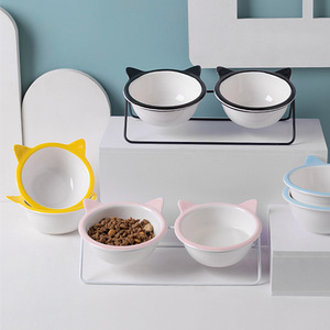 Ceramic <b>Cat</b> Bowls Double Elevated <b>Feeder</b> For <b>Cats</b> With Pink <b>Cat</b> Ears Design - Product Image 5