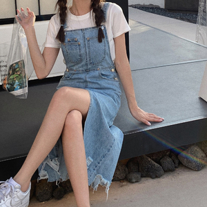 <strong>Ladies</strong> Summer Casual <strong>Dresses</strong> Women Front Slit Asymmetric Raw Hem Frayed Washed Denim <strong>Pinafore</strong> <strong>Dress</strong> 2022 - Product Image 1