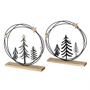 Corona Decorativa Circular de Madera para Árbol de Navidad, Diseño Minimalista, Decoración de Mesa para el Hogar, 2 Piezas, Tema Forestal, Escena Invernal - Product Image 1