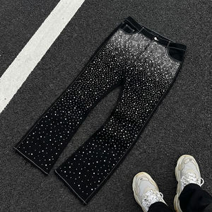 جينز رجالي بتصميم عتيق وعصري مع أربطة طويلة، تصنيع مخصص، جينز واسع الساق مستقيم مزين بالأحجار اللامعة للرجال - Product Image 1