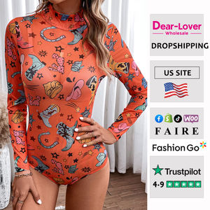 親愛なる恋人卸売女性オレンジロデオバウンドプリントウエスタンメッシュ長袖ボディスーツ - Product Image 2