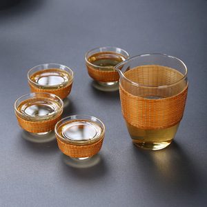 Handmade Bamboo Woven Serving Cup Thickened High Borosilicate Glass Heat Resistant Tea Set Oriental Design Gift For Adults - Product Image 1